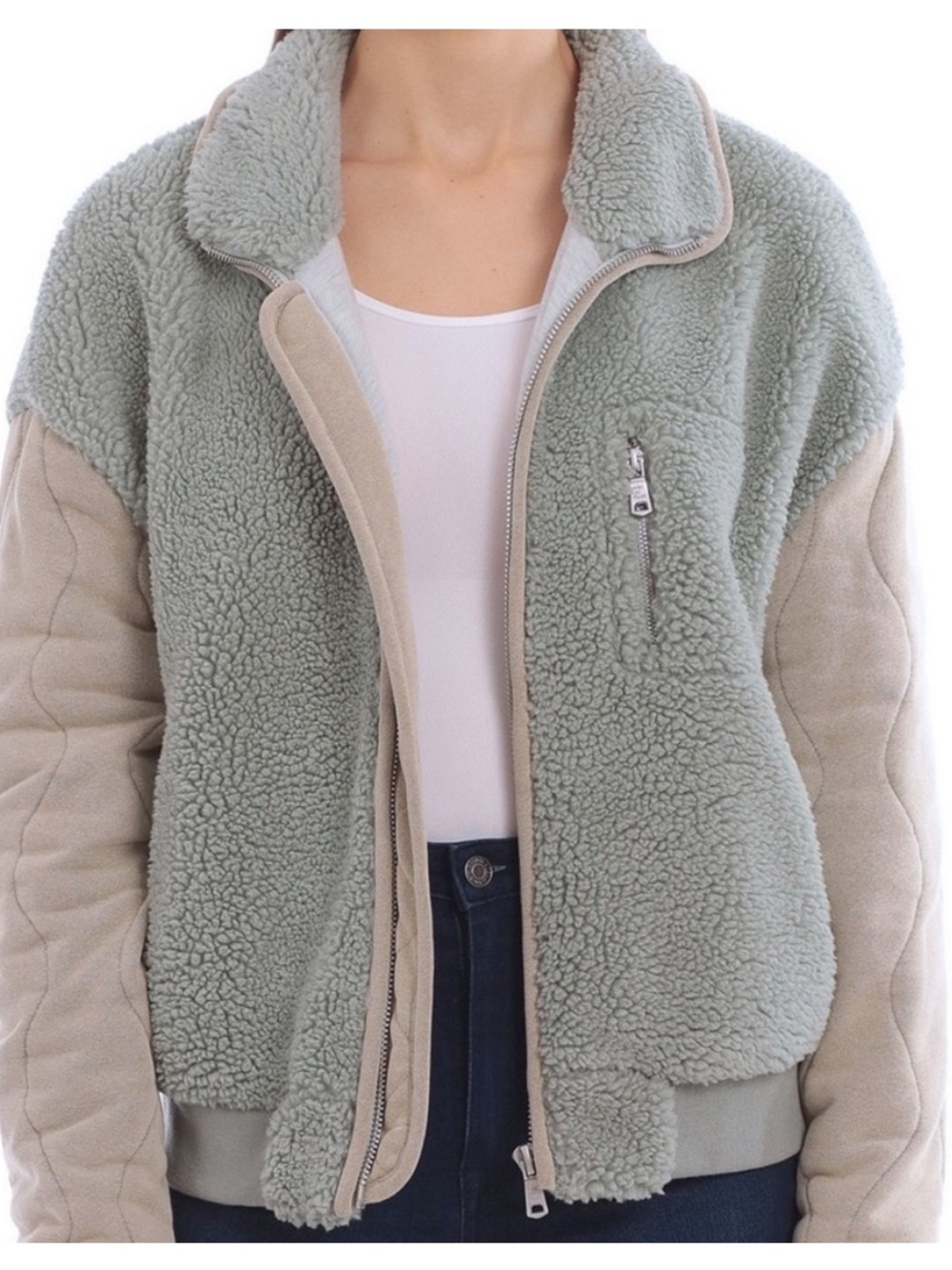 avec les filles Mixed Media Quilted Sleeve Teddy Jacket